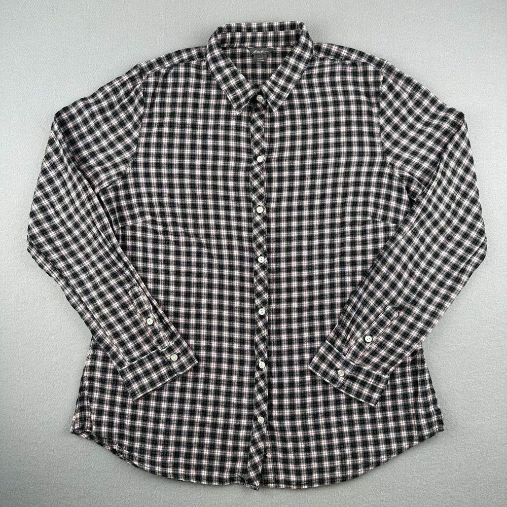 Eddie Bauer Plaid Button Down Shirt Womens L Black Red Cotton Stretch Flannel‎